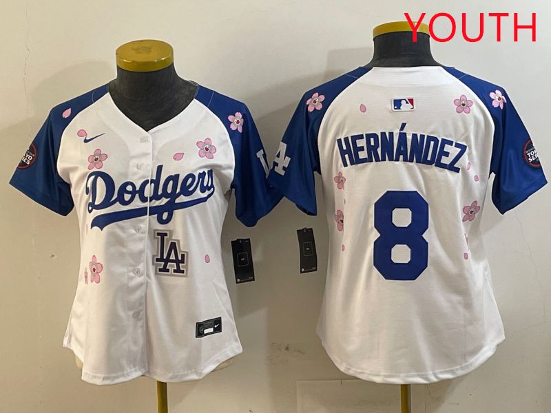 Youth Los Angeles Dodgers #8 Hernandez White Blue Sakura Edition 2025 Nike MLB Jersey style 9